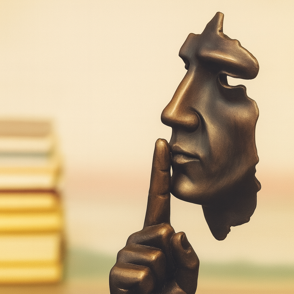 Escultura de rosto em bronze com expressão serena, simbolizando reflexão interior e a sabedoria do silêncio.
